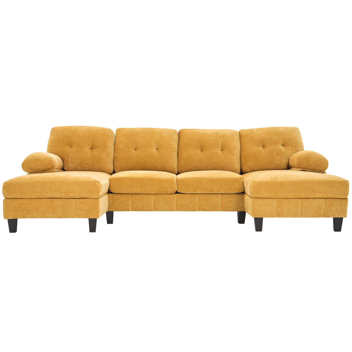 Modern U-Shaped Sectional Sofa with Dual Chaise Lounges, Storage Pockets and Armrest Pillows, Yellow Chenille Fabric, 103.5'