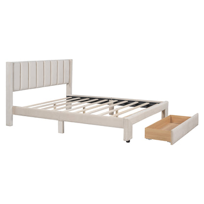 Queen Size Storage Bed Velvet Upholstered Platform Bed with a Big Drawer - Beige(old sku:WF296854AAA)