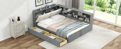 Wood Full Size platform bed with Storage Headboard, Shelves and 2 Drawers, Gray