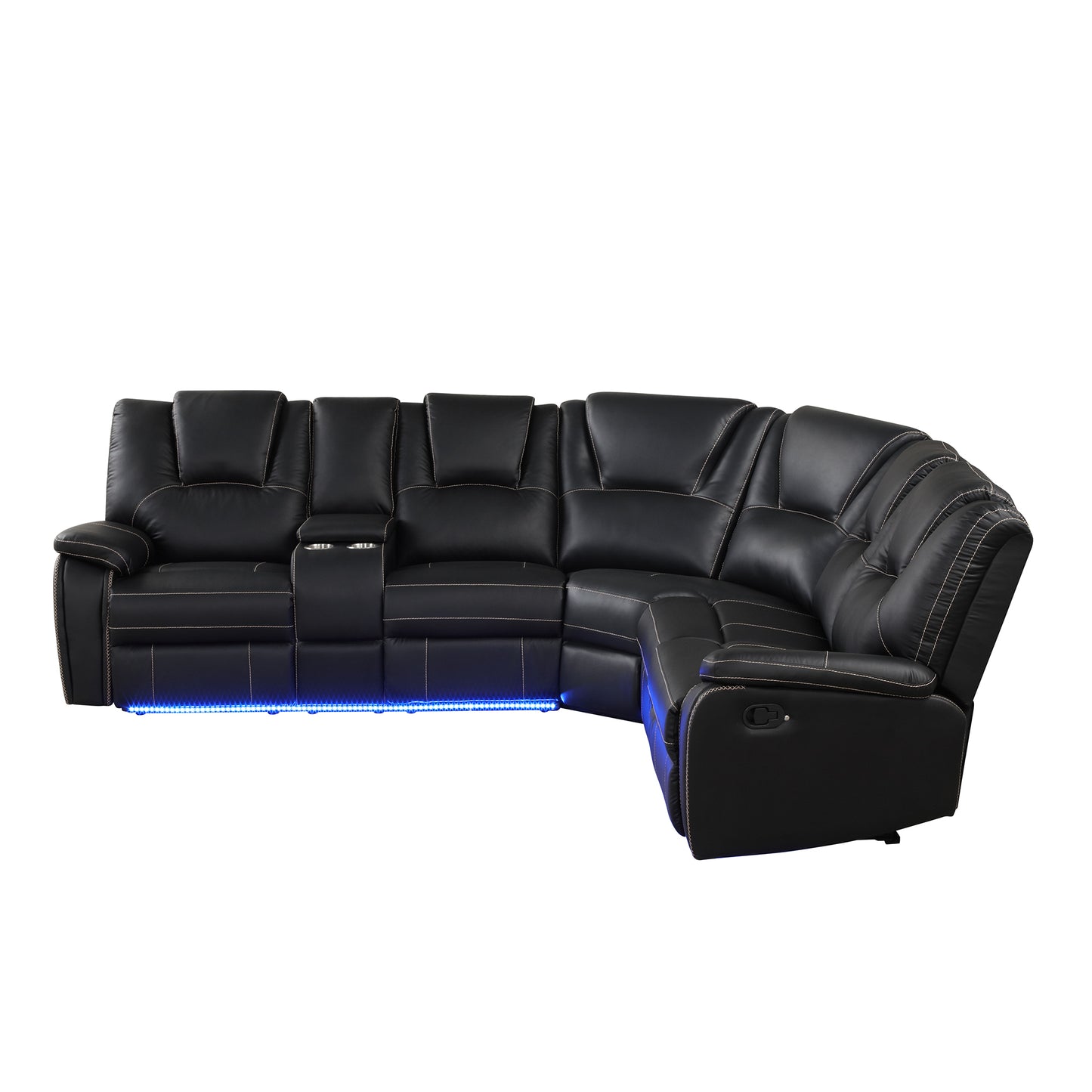 Modern Faux Leather Manual Reclining with Center Console with LED Light Strip,Living Room Furniture Set,PU Symmetrical Couch with 2 Cup Holders and Storage for Living room,Black