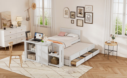 Twin Size Multifunctional Wood Platform Bed with Desk and Storage Shelf at the End of the Bed, Built-in Trundle and 3 Drawers, White