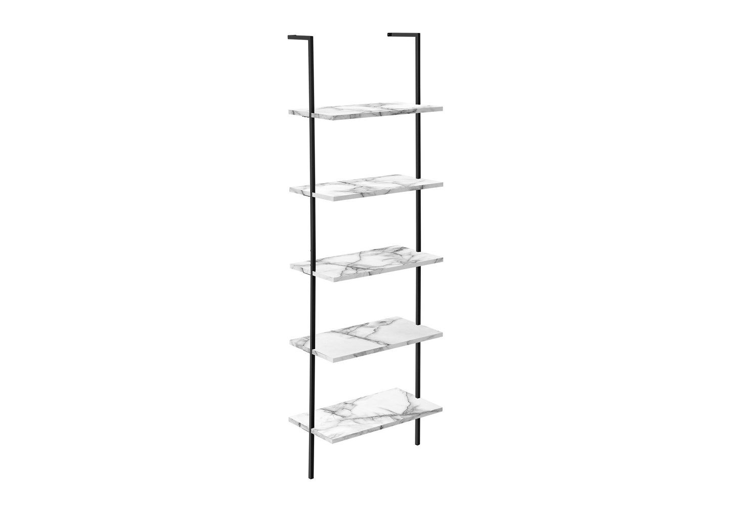 Bookshelf, Bookcase, Etagere, Ladder, 5 Tier, 72"h, Office, Bedroom, White Marble Look Laminate, Black Metal, Contemporary, Modern