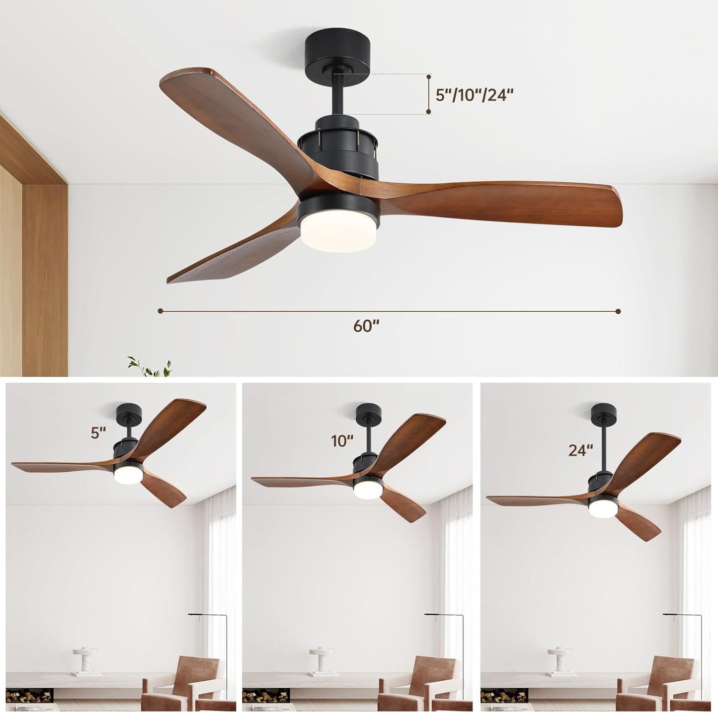 60 inch 3 Solid Wood Blade DC Motor Ceiling Fan Decorate for the Living Room with Light