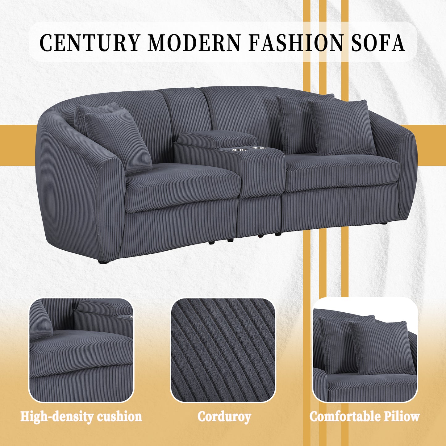 UNITED WE WIN corduroy fabric, two cup holders, storage, oversized two-seat, solid wood frame, high quality sponge filling, curved placement sofa