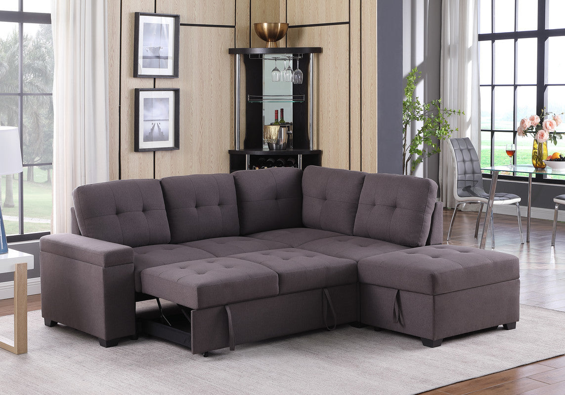 Katie 87.75" Brown Linen Sleeper Sectional Sofa with Storage Ottoman, Storage Arm