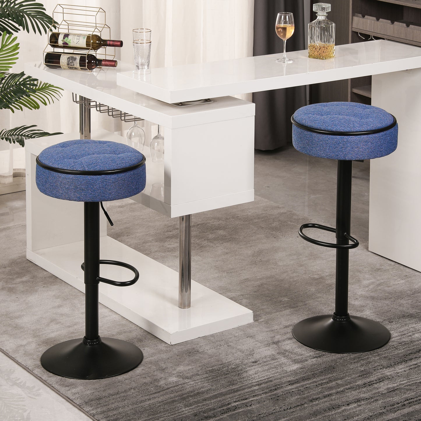 Round Storage Bar Stool Set of 2, Blue Linen Height Adjustable Barstool, 360°Counter Height Swivel Stool, Armless Bar Chair with Metal Frame for Kitchen Counter Dining Living Room