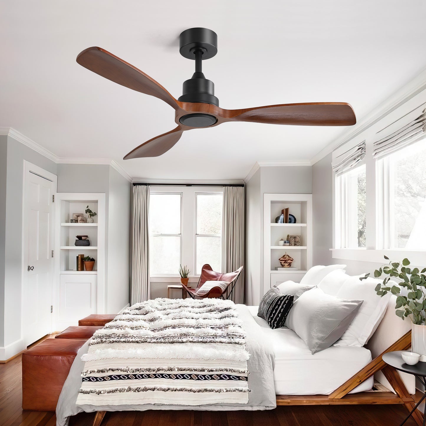 48 Inch Ceiling Fan Without Light, 3 Solid Wood Blades Indoor&Outdoor Ceiling Fan 6-speed Reversible DC Motor for Living Room
