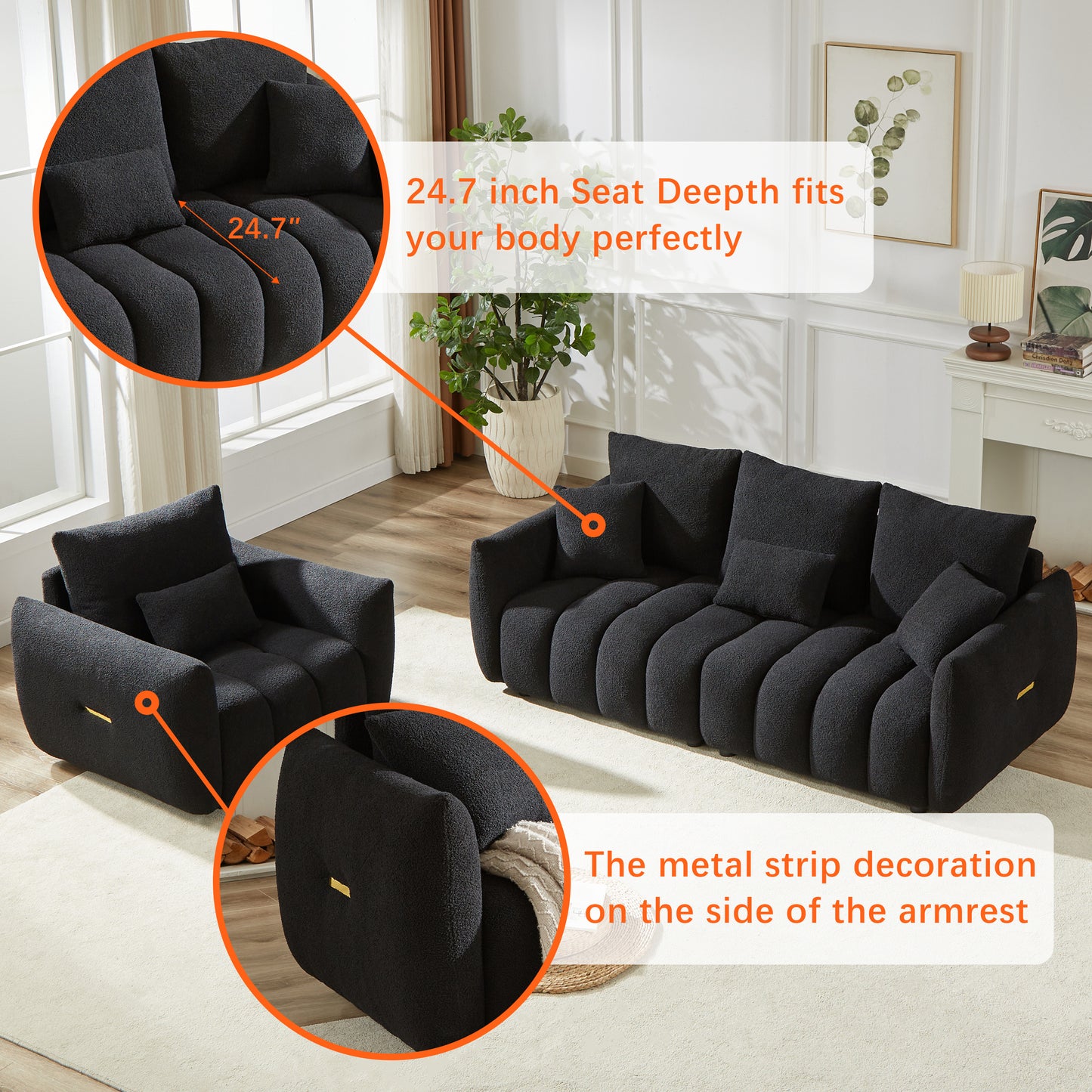 1 Seater + 3 Seater + 3 Seater,  Combo Sofa Modern Living Room Sofa, Teddy Sofa, Wooden Frame, 7 Cushions, Apartment Sofa Furniture