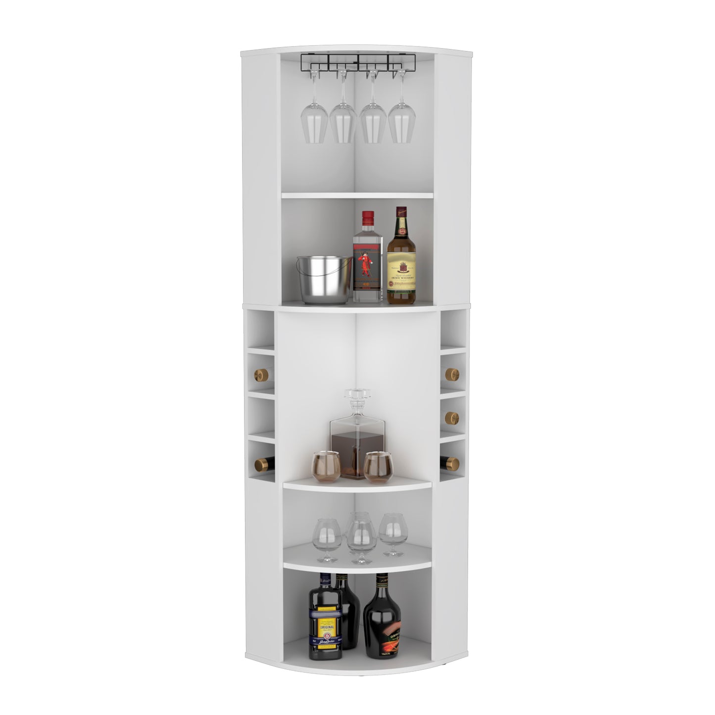 Oban Corner Bar Cabinet with Five Shelves , Eight Bottle Cubbies and Steamware White