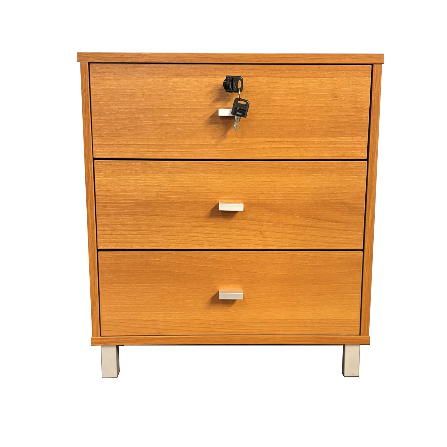 Three drawer nightstand locking top drawer metal drawer glides metal bar handles light cherry color