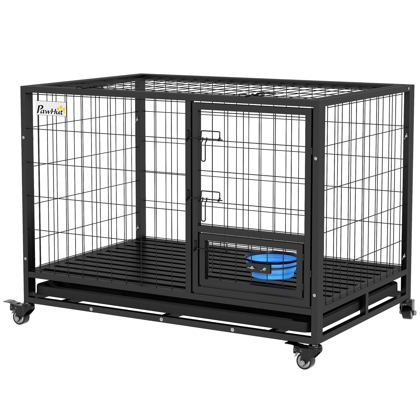 PawHut 43" Heavy Duty Dog Crate with Bowl Holder, Strong Steel Dog Crate with Wheels, Detachable Door, Openable Top and Removable Tray for Large and Extra Large Dogs, Black