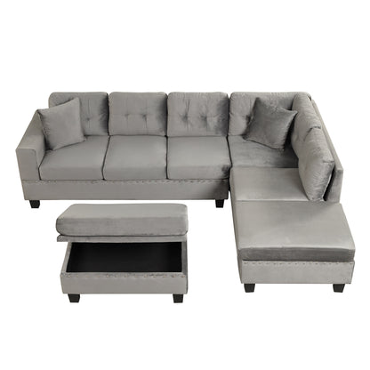 105" Modern Sectional Sofa with Storage Ottoman, L-Shape Couch with 2 Pillows and Cup Holder,Sectional Sofa with Reversible Chaise for Living Room,Gray