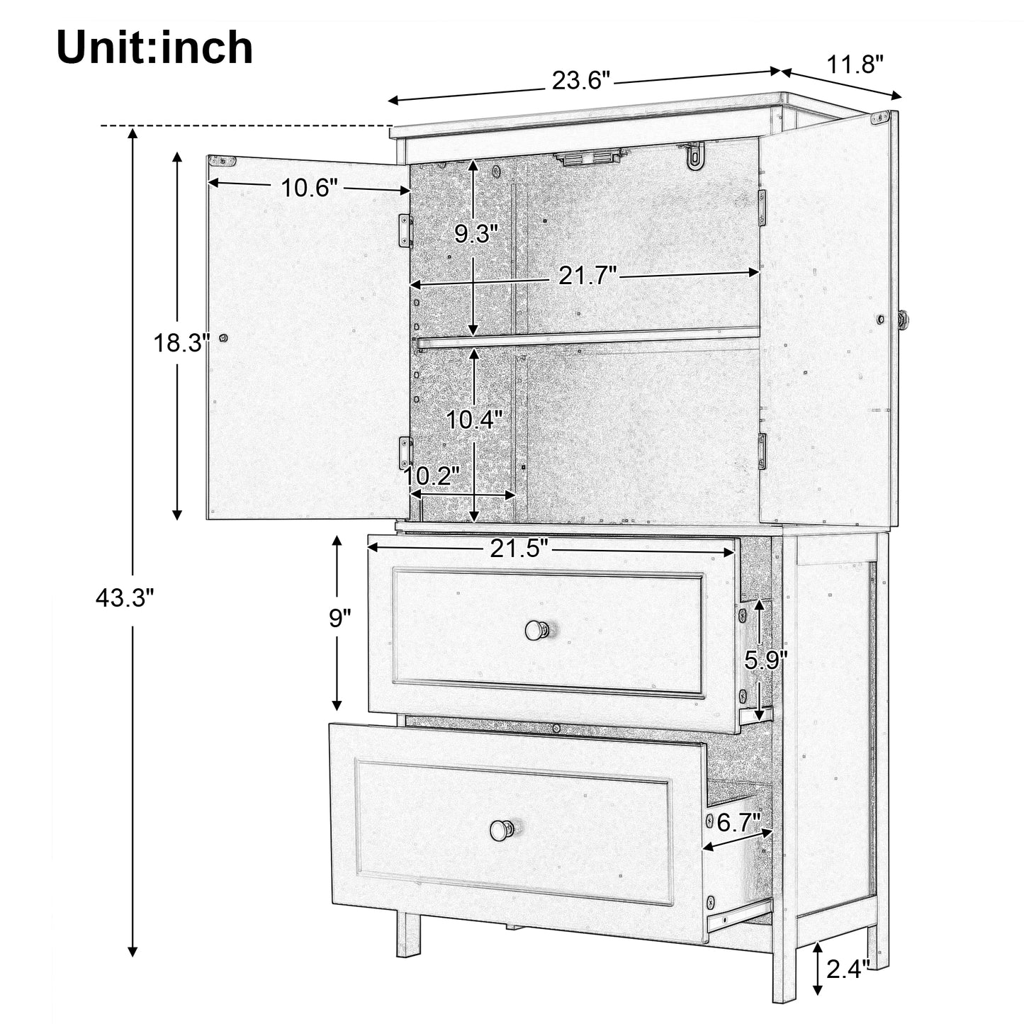 Bathroom Storage Cabinet, Cabinet with Two Doors and Drawers, Adjustable Shelf, MDF Board, Black