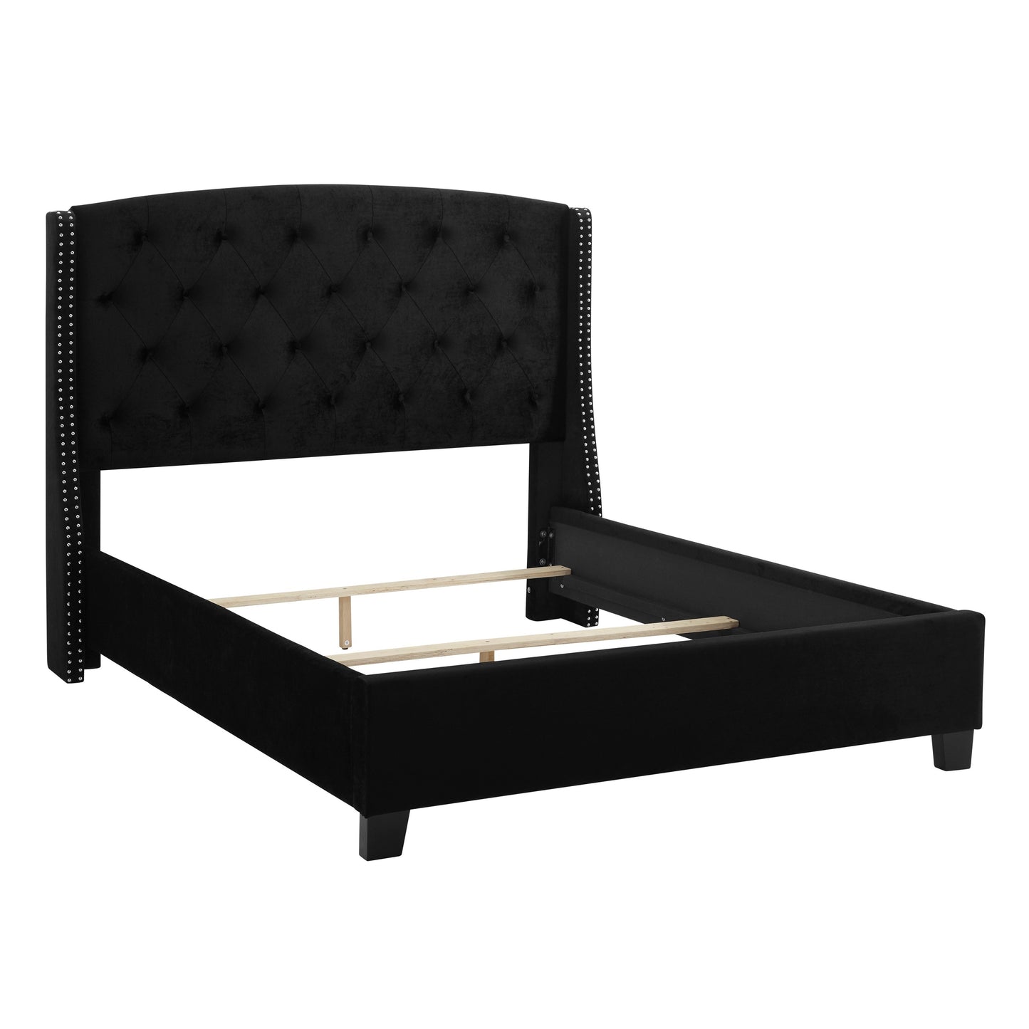 Summit Wingback Tufted Upholstered Bed with Nailhead, Queen size, Black