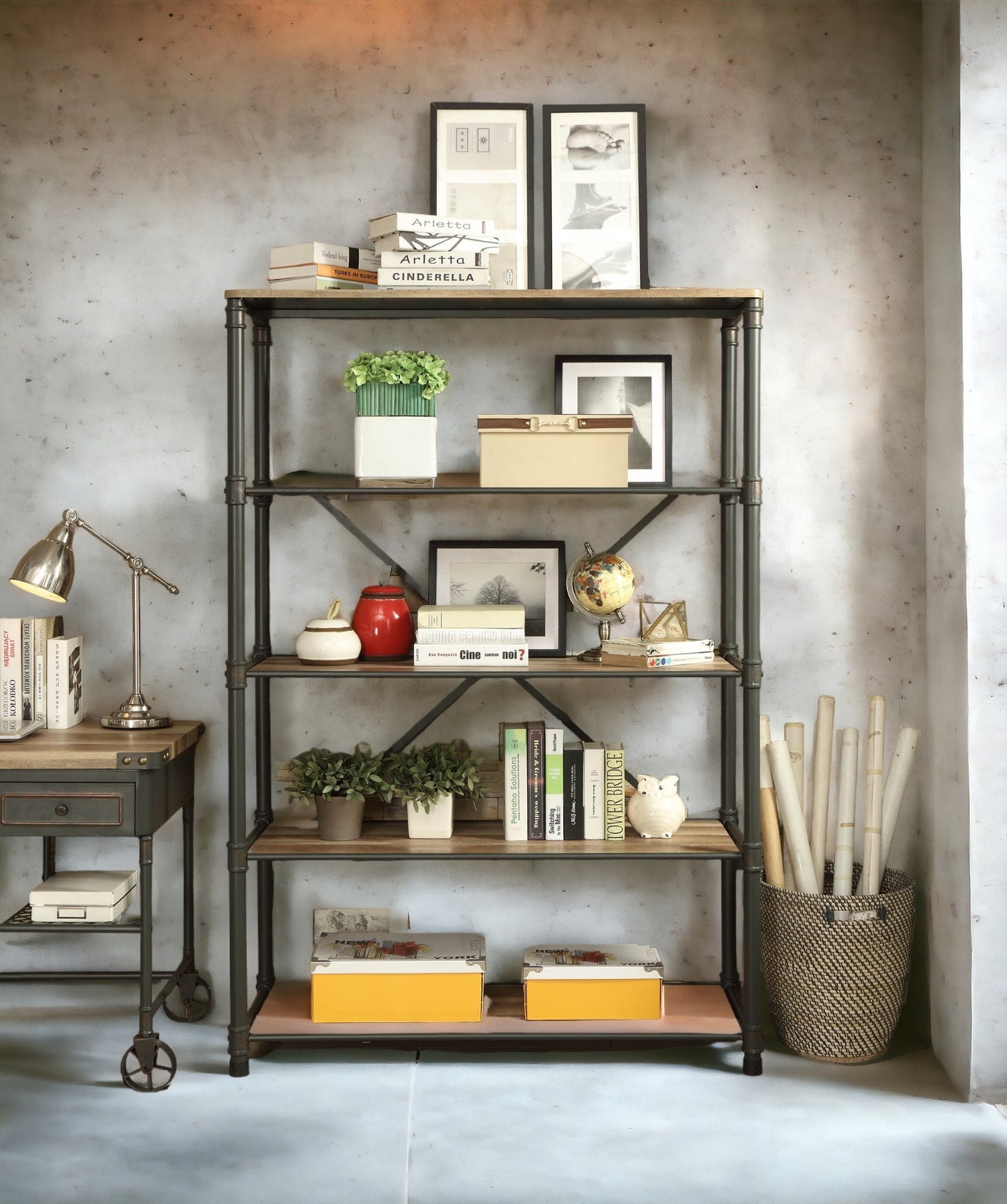 Itzel Antique Oak & Sandy Gray Finish Bookshelf