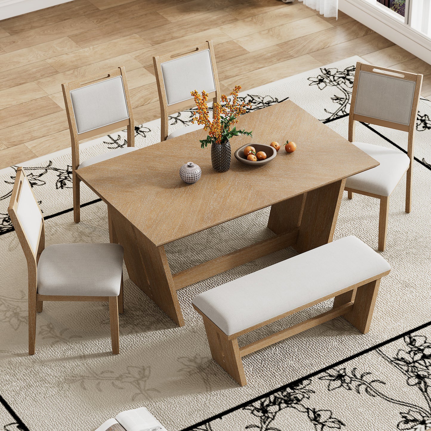 TREXM 6-Piece Retro Dining Set, 1 Rectangular Table with Stable Trapezoidal Table Base and 4 Upholstered Chairs and 1 Bench for Dining Room and Kitchen (Natural Wood Wash)