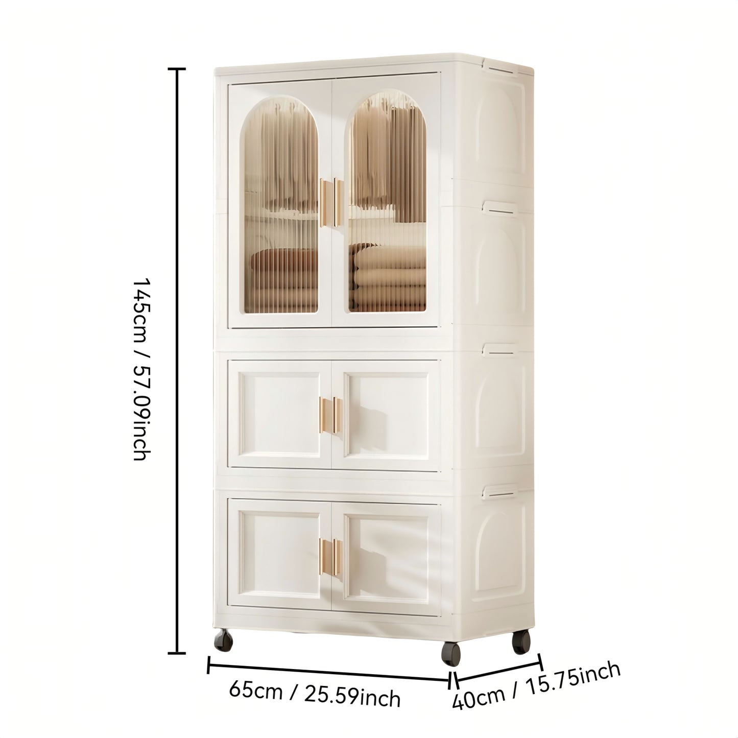 25.59" Side Wide Folding Wardrobe , 25.59"×15.75"×57.09",  with Magnetic Door, Plastic Storage Cabinet with Wheels( one layer of wardrobe + two layers of  folding boxes+10 hangers )