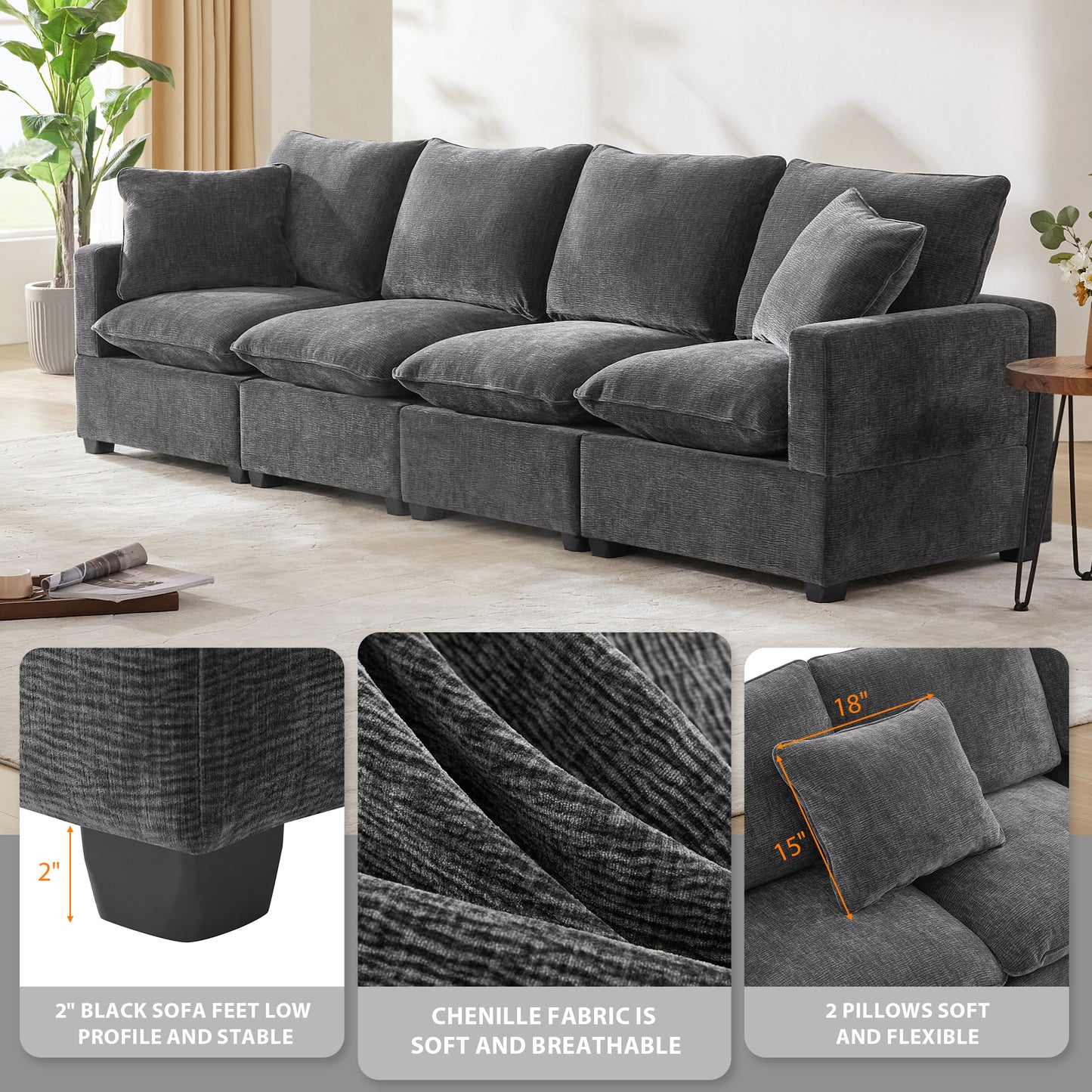 110*29" Modern Modular Sofa, 4 Seat Chenille Sectional Couch Set with 2 Pillows Included, Freely Combinable Indoor Funiture for Living Room, Apartment, Office, 2 Colors