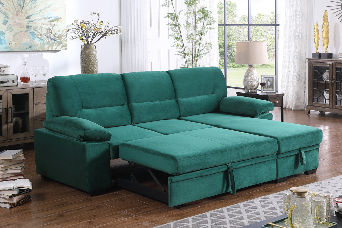 Kipling 97.5" Green Velvet Fabric Reversible Sleeper Sectional Sofa Chaise