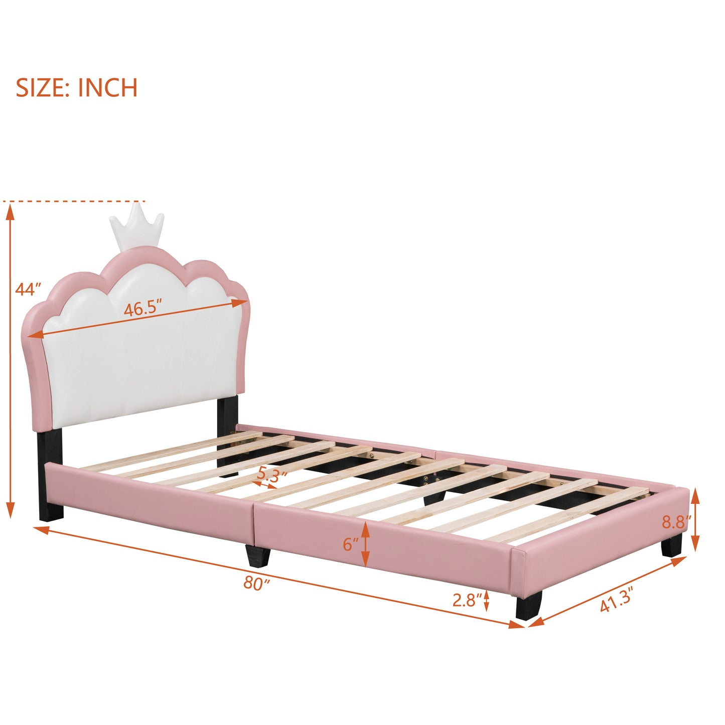 Twin size Upholstered Princess Bed With Crown Headboard,Twin Size Platform Bed with Headboard and Footboard,White+Pink