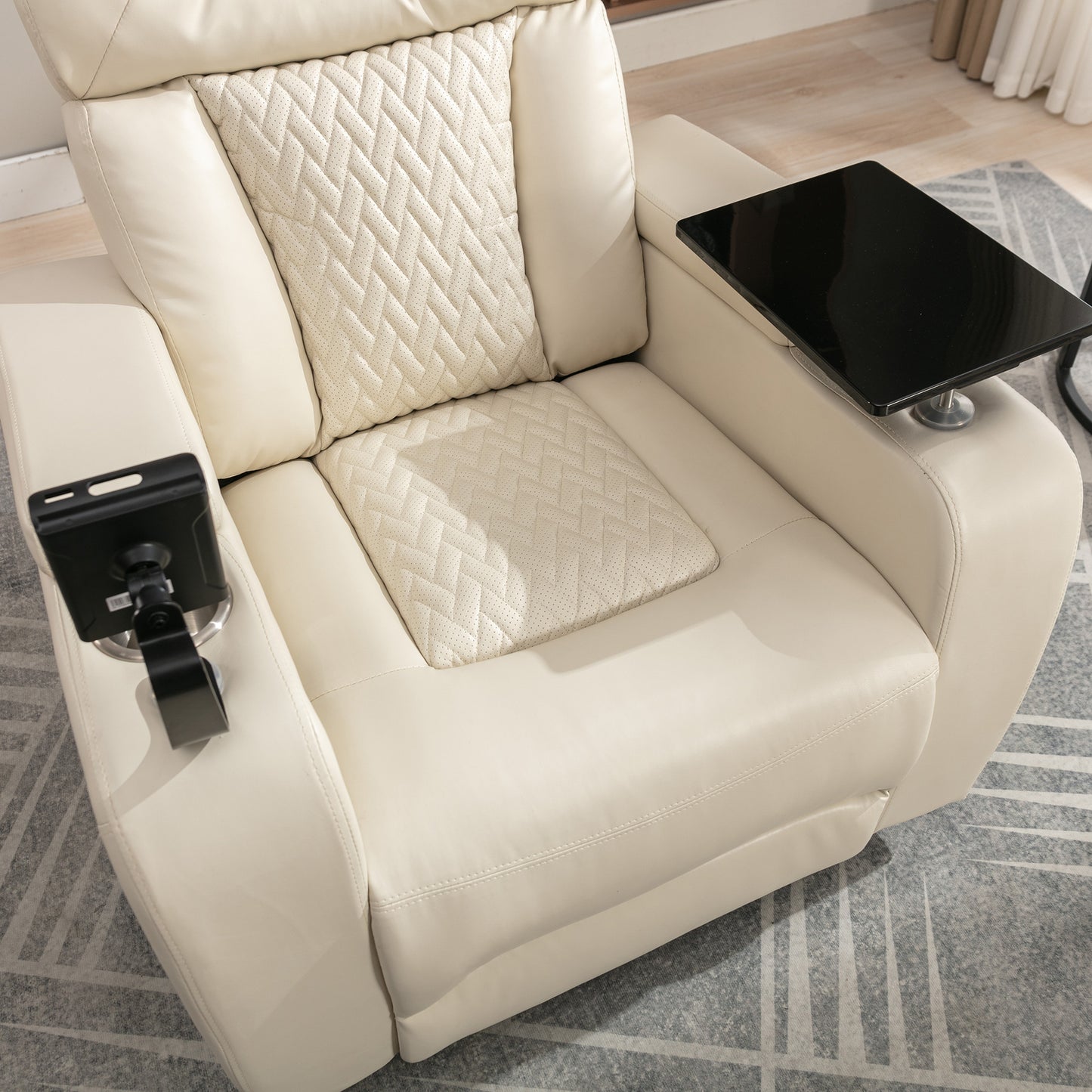 270 Degree Swivel PU Leather Power Recliner Individual Seat Home Theater Recliner with  Comforable Backrest, Tray Table,  Phone Holder, Cup Holder,  USB Port, Hidden Arm Storage for Living Room, White