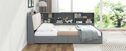 Wood Full Size platform bed with Storage Headboard, Shelves and 2 Drawers, Gray