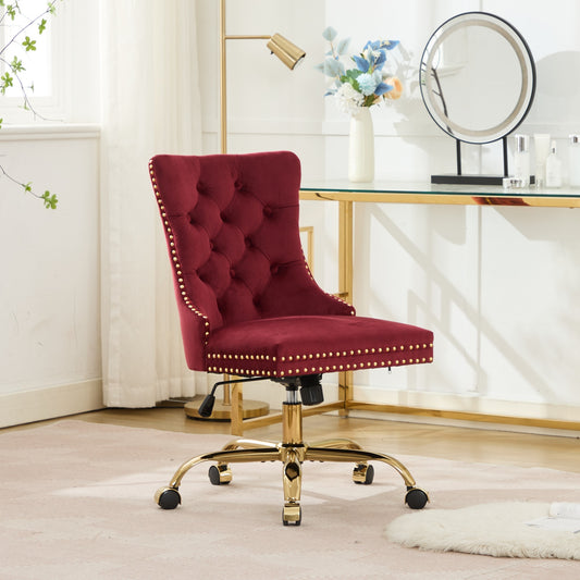 A&A Furniture Office Chair,Modern Velvet Upholstered Tufted Button Home Office Chair with Golden Metal Base,Adjustable Desk Chair Swivel Office Chair (Wine Red),SW1923WR