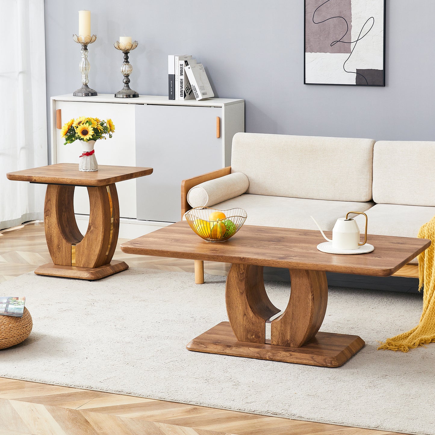 Modern Minimalist Wood-Tone MDF Coffee Table Set (Square + Rectangular)Wood color,MDF coffee table,wood-colored textured decal,side table.