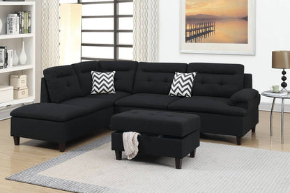 Living Room Furniture Black Cushion Sectional w Ottoman Linen Like Fabric Sofa Chaise