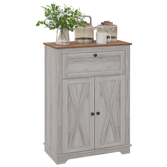 HOMCOM Farmhouse Barn Door Accent Cabinet, Kitchen Sideboard Storage Cabinet with Double Doors, Drawer, and Adjustable Shelf for Bedroom, Living Room, Light Gray