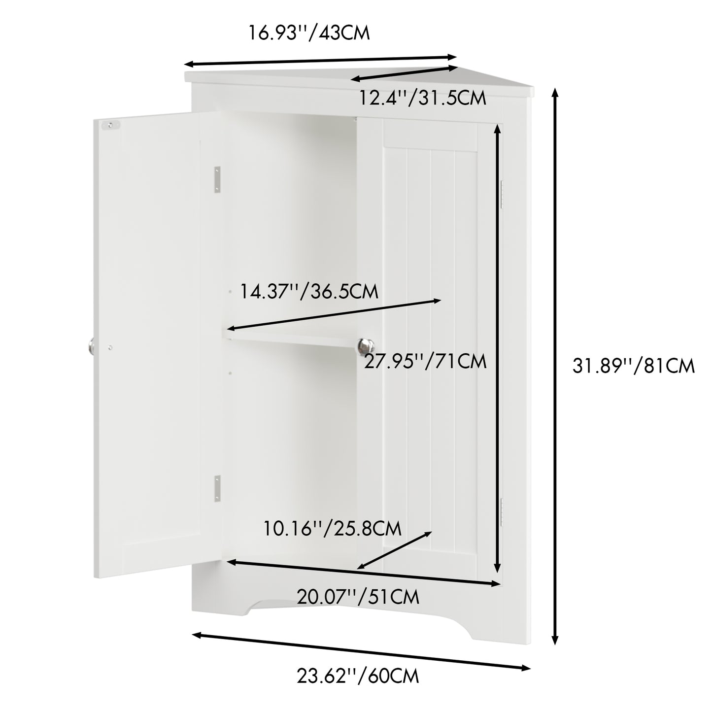 Floor Corner Cabinet with 2 Doors and Adjustable Shelves, Freestanding Narrow Cabinet Organizer, Corner Storage Cabinets for Bathroom, Kitchen, Living Room, or Bedroom, White