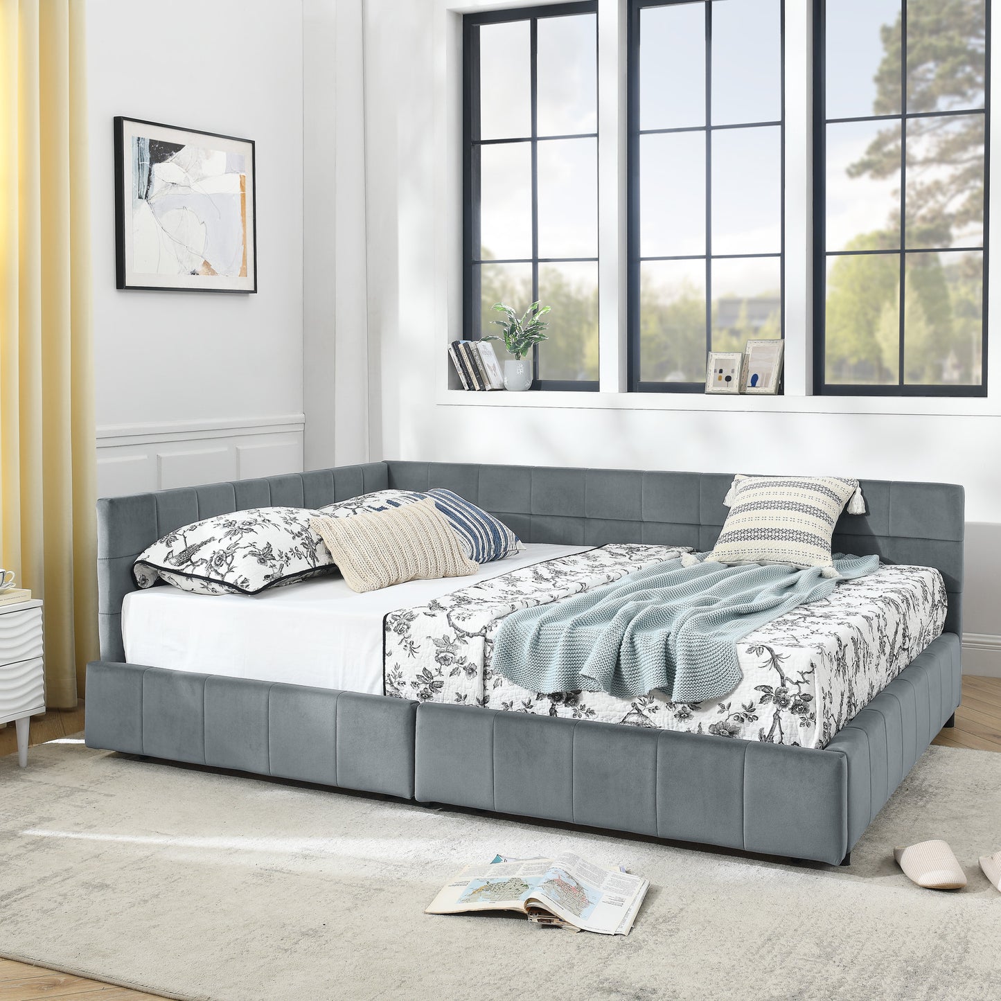 Queen Size Storage Upholstered Tufted Bed Frame, Sofa Bed Frame with Comfortable Backrest and Armrests,Queen Size Bed for Bedroom, Living Room,Velvet, grey(85.5''*64.5''*29.5'')