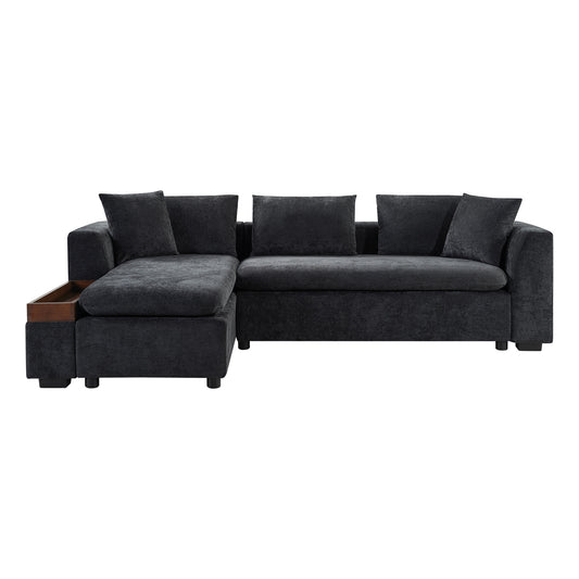 Modern L-Shaped Sectional Sofa with Chenille Upholstery and Wooden Storage, Black