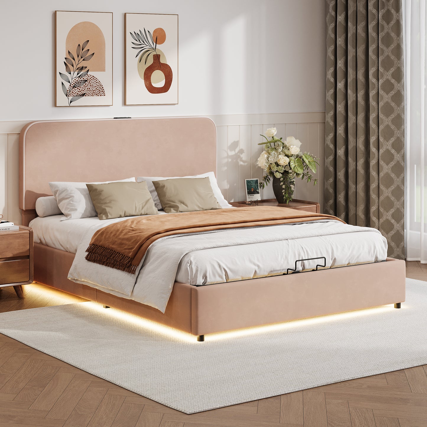 Upholstered Platform Full Size Hydraulic Storage Bed, Lift Up Storage Bed with RGB LED Light, Bluetooth Speaker, No Box Spring Needed, Lychee Velvet,Pink