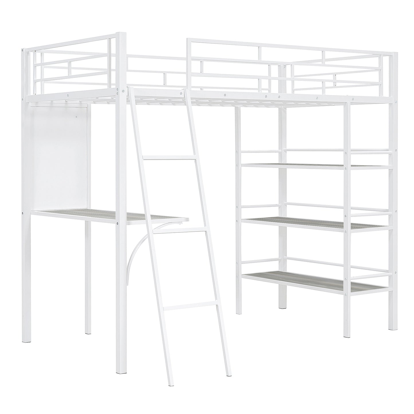 Twin Size Loft Metal Bed with 3 Layers of Shelves and Desk, Stylish Metal Frame Bed with Whiteboard, White