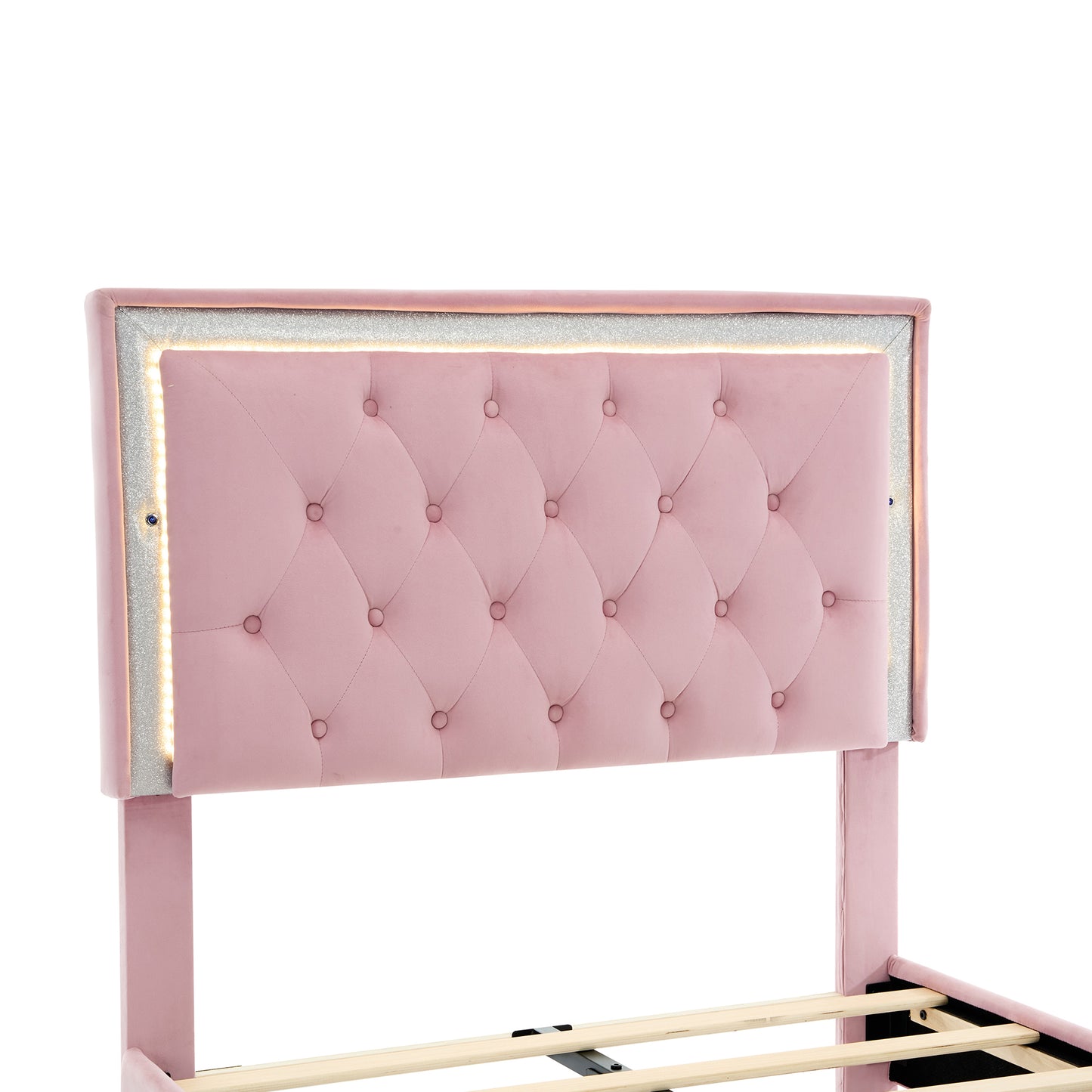 Twin Size Upholstered Bed Frame with LED Lights,Modern Velvet Platform Bed with Tufted Headboard,Pink