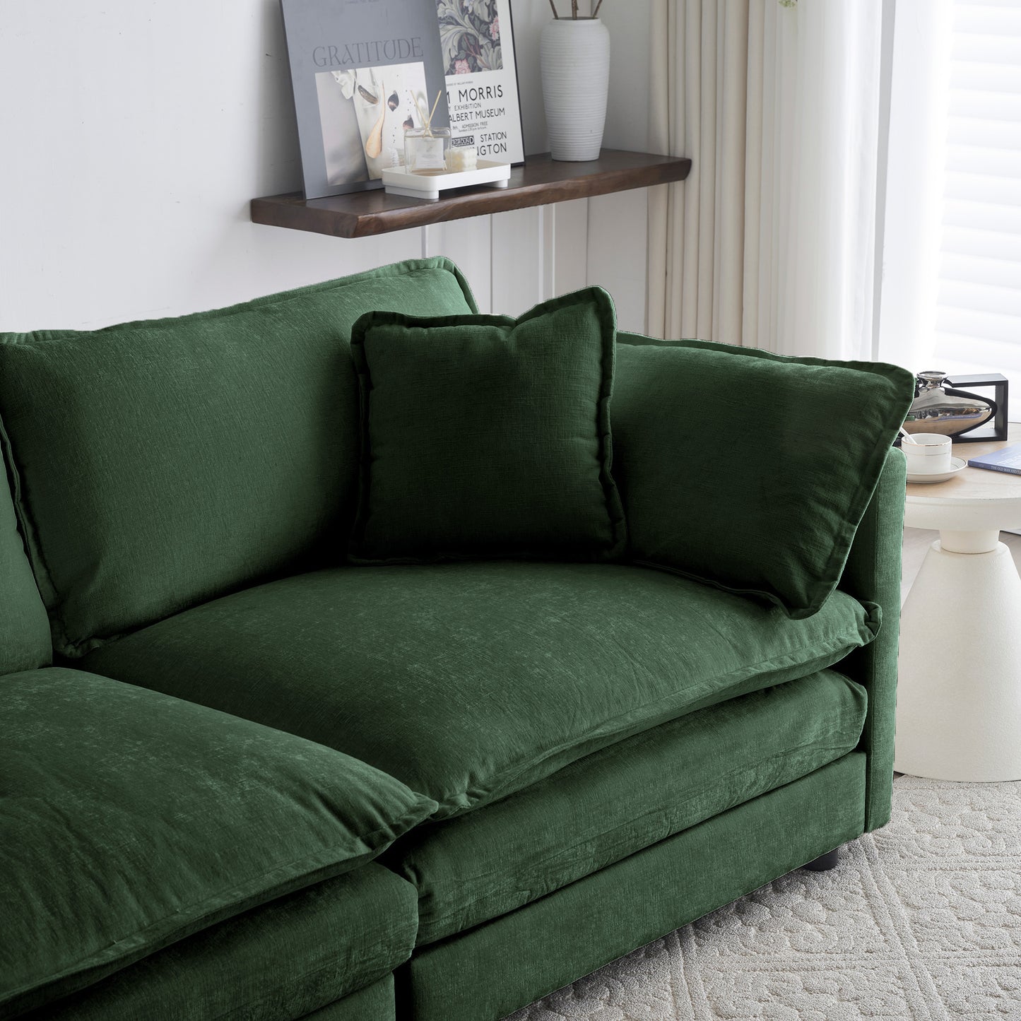 Mid-Century Modern Couch 3-Seater Sofa with 2 Armrest Pillows and 3 Toss Pillows, Couch for Living Room Green Chenille