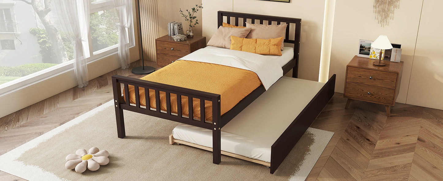 Twin Bed with Trundle, Platform Bed Frame with Headboard and Footboard, for Bedroom Small Living Space,No Box Spring Needed,Espresso(Old SKU:W50440557)