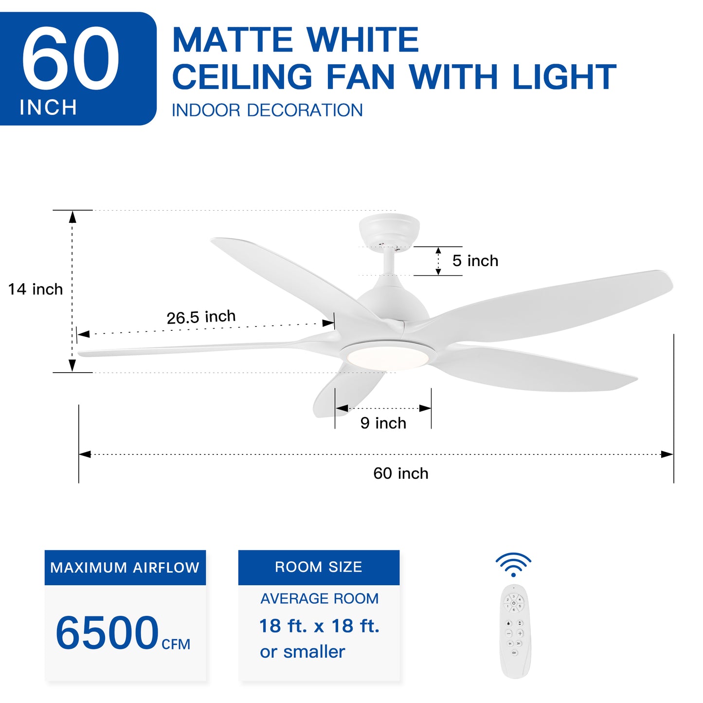 Modern 60 In Intergrated LED Ceiling Fan Lighting with White ABS Blade