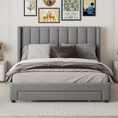 Queen Size Storage Bed Velvet Upholstered Platform Bed with a Big Drawer - Gray(old sku:WF296854AAE)