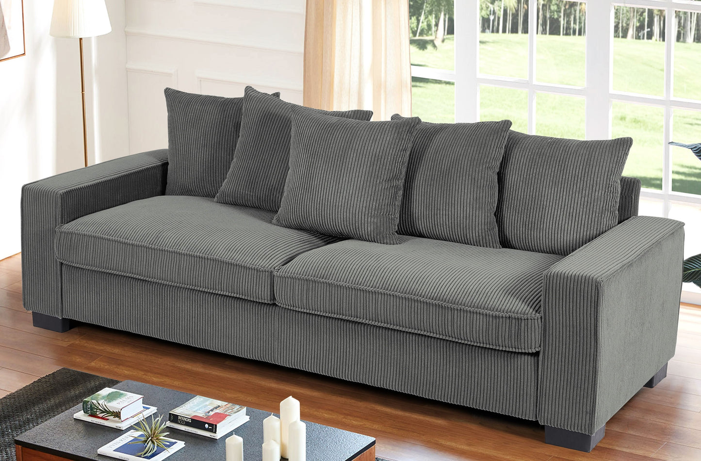 Luxe Corduroy Sofa with 5 Matching Toss Pillows, Sleek Design, Spacious and Comfortable 3 Seater Couch for Modern Living Room, Large, Grey