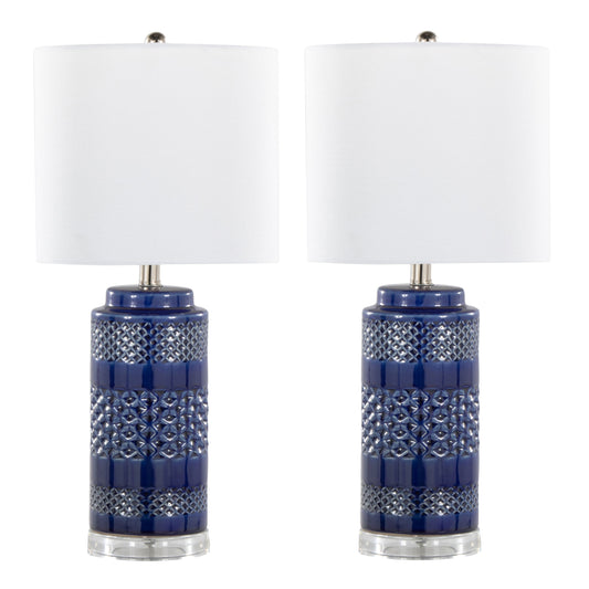 Casa 21" Contemporary Ceramic Table Lamp in Glossy Navy Crackle Ceramic, Polished Nickel, Clear Acrylic Accents and White Linen Shade from Grandview Gallery by LumiSource - Set of 2