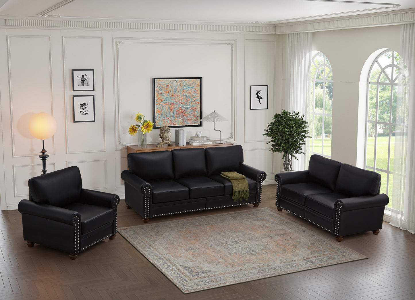 Living Room Sofa with Storage Sofa 1+2+3 Sectional Black Faux Leather