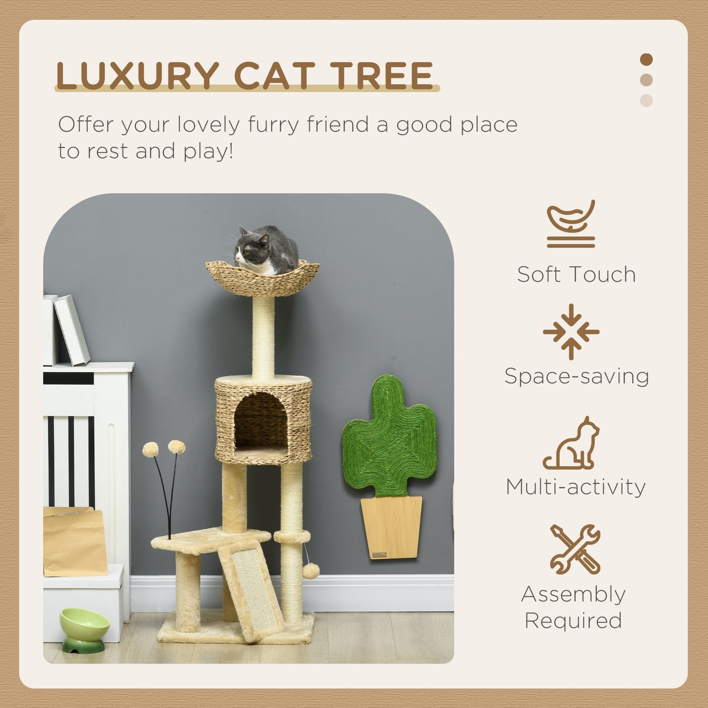 PawHut 45" Cat Tree for Indoor Cats, Cat Tree Tower with Scratching Posts, Ramp, Condo, Toy Balls, Platforms, Bed, Ramp, Beige