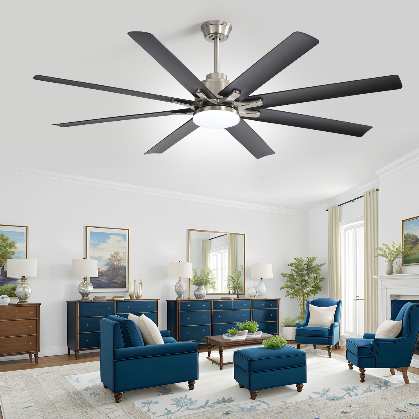 66 Inch Large Ceiling Fan With Dimmable Led Light 8 ABS Blades Smart Remote Control Reversible DC Motor For Living Room