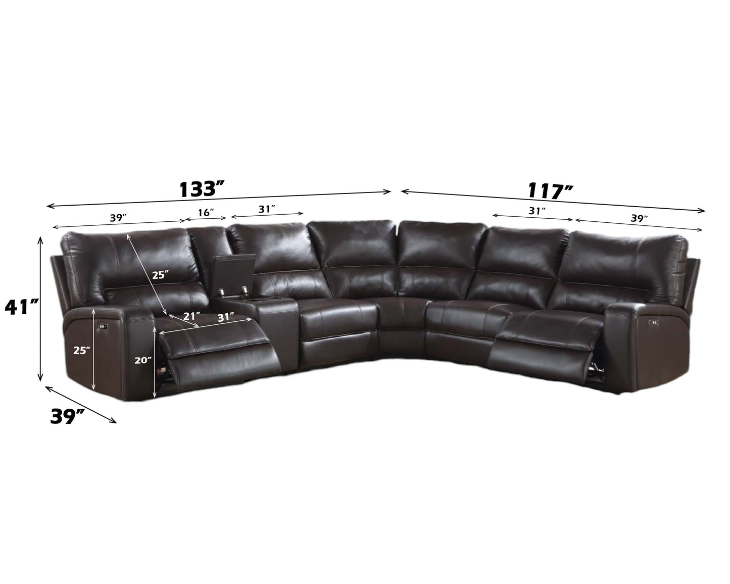 Saul Espresso Faux Leather Power Recliner Sectional Sofa w/ USB Port & Cupholder Console