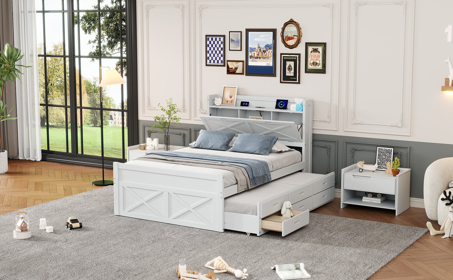 Full Size Wooden Bed with Storage Headboard with Outlets, Extendable Bed with Twin Size Trundle with Three Storage Drawers,White
