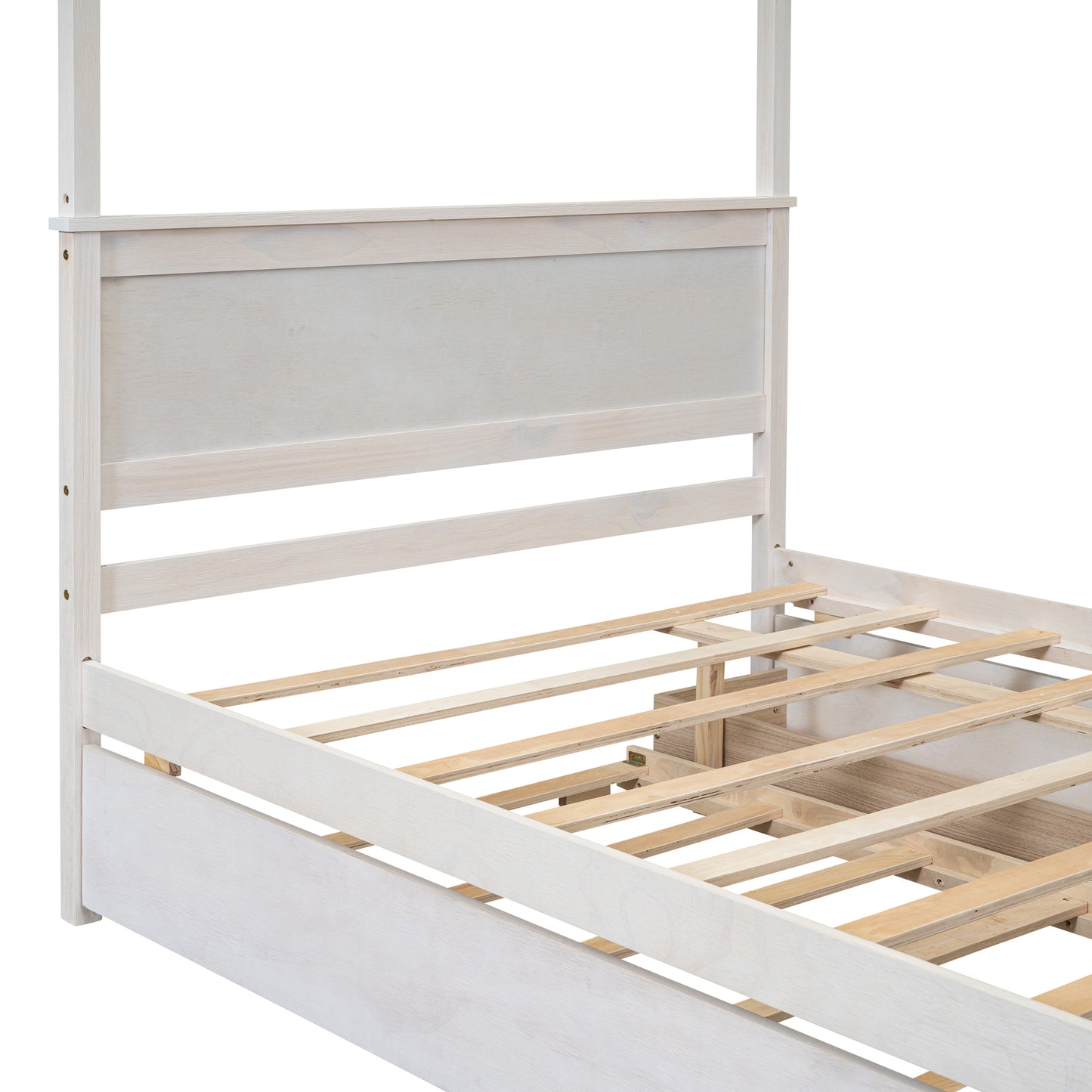 Wood Canopy Bed with Trundle Bed and two Drawers ,Full Size Canopy Platform bed With Support Slats .No Box Spring Needed, Brushed White