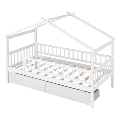 Twin Size Wooden House Bed with Two Drawers, White