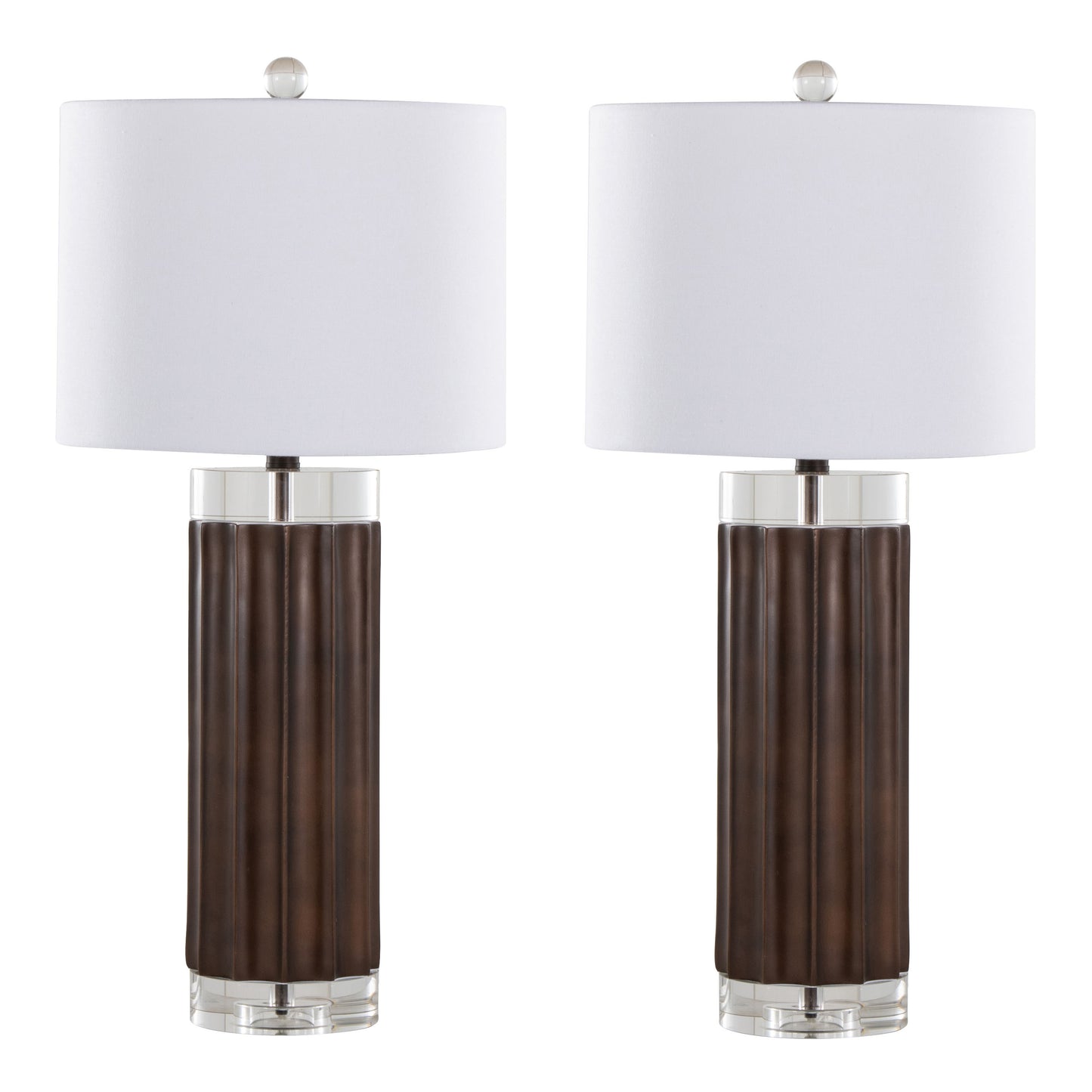 Cylinder Fluted 29.25' Contemporary Polyresin Table Lamp in Brown Lustre Polyresin, Clear K9 Crystal and White Linen Shade from Grandview Gallery by LumiSource - Set of 2